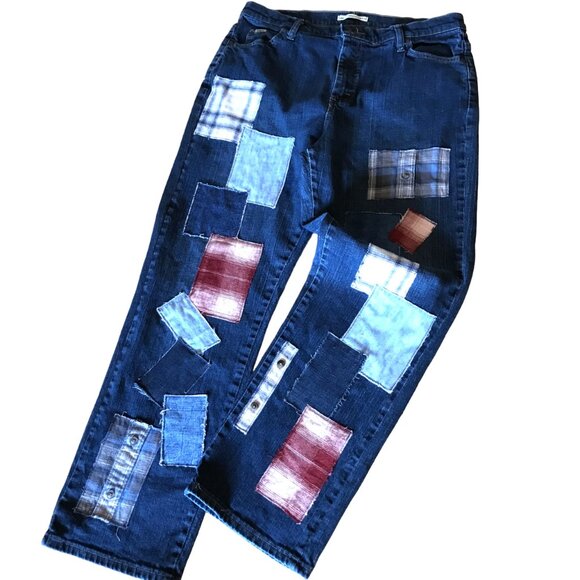 Flannel Patchwork Jeans, Size 16: Upcycled Distressed Denim & Plaid, Funky Pants - Picture 1 of 11